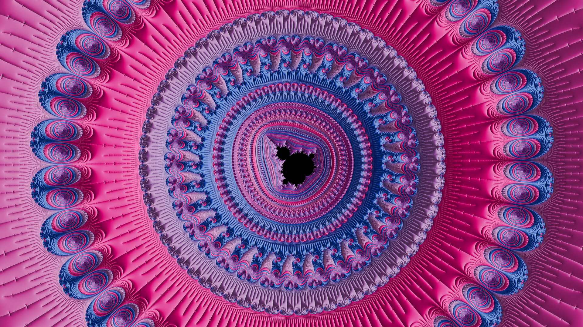 a mandelbrot fractal render with the colors of the bi pride flag